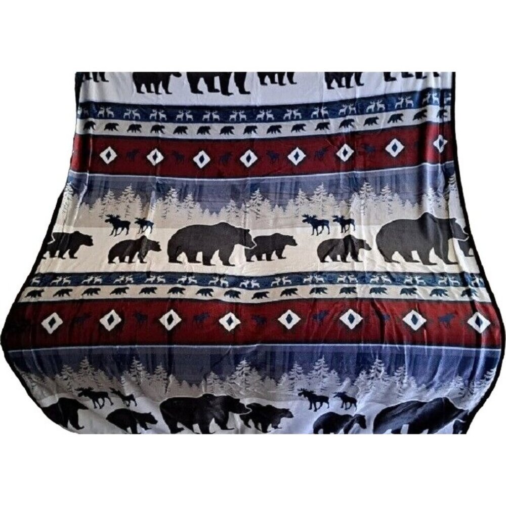 New Blue Lodge Rustic Moose Plush Fleece Throw Gift Blanket Sherpa Bear Forest